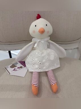 White Chick Plush Doll with Eyelet Dress & Striped Legs NWT